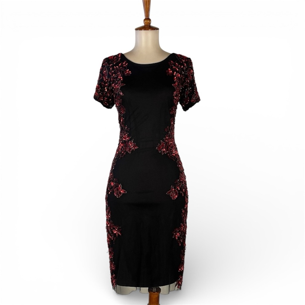 Aidan Mattox Sequin Dress Women’s 8‎ Black Red Sequins Short Sleeve Sheath